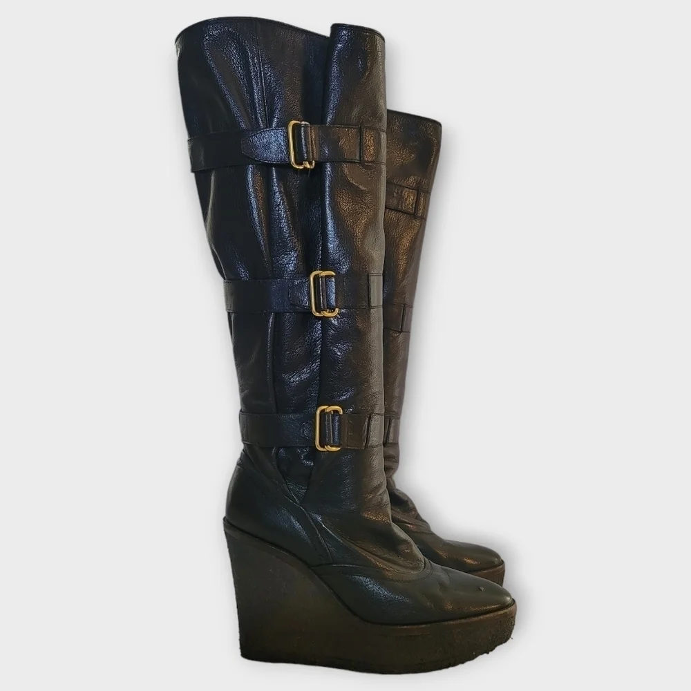 YSL Yves Saint Laurent Tall Black Leather Wedge Boots Vintage 90s Y2K